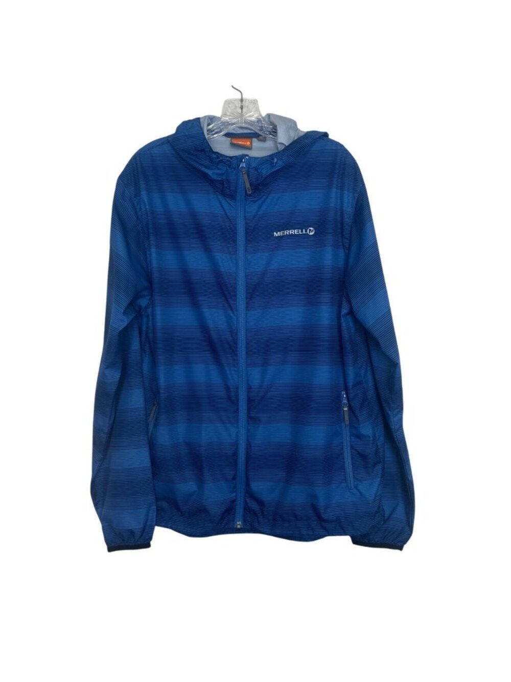Merrell Striped Lightweight Jacket Hooded Full Zip Large Blue Spring Rain